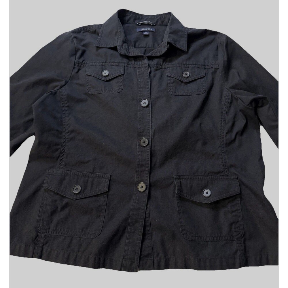 Lands End Womens Lightweight Black Jacket 16P Barn Utility Field Buttons Pockets